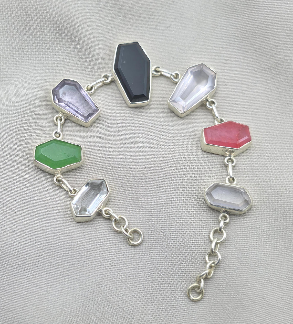 925 Sterling Silver Multi Gemstone Bracelet Coffin Cut Link Bracelet Handmade Jewelry