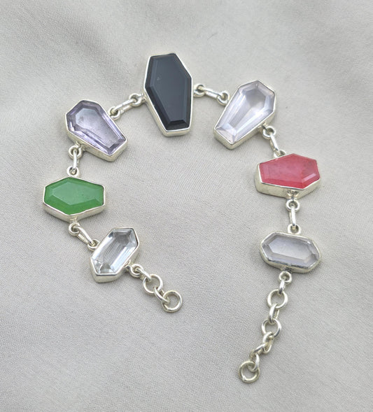 925 Sterling Silver Multi Gemstone Bracelet Coffin Cut Link Bracelet Handmade Jewelry