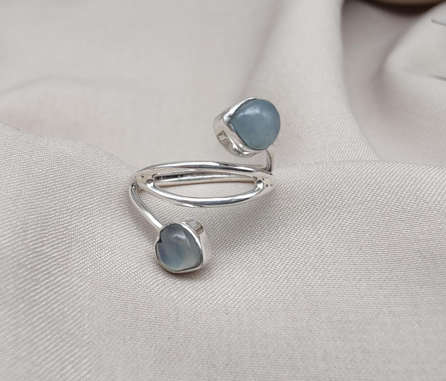 Aqua Milky Quartz 925 Sterling Silver Ring: Adjustable Open Wrap Design