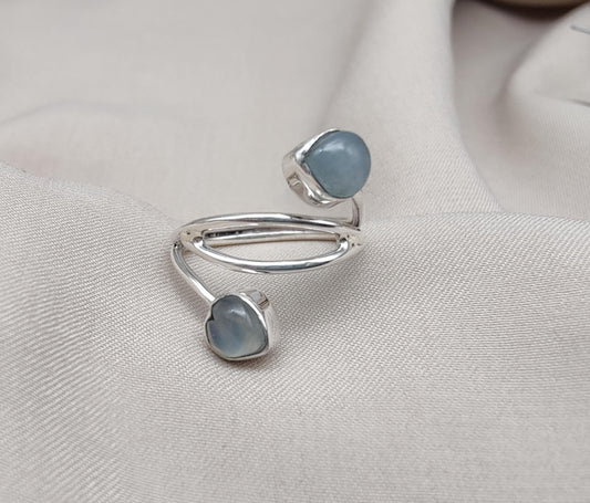 Aqua Milky Quartz 925 Sterling Silver Ring: Adjustable Open Wrap Design