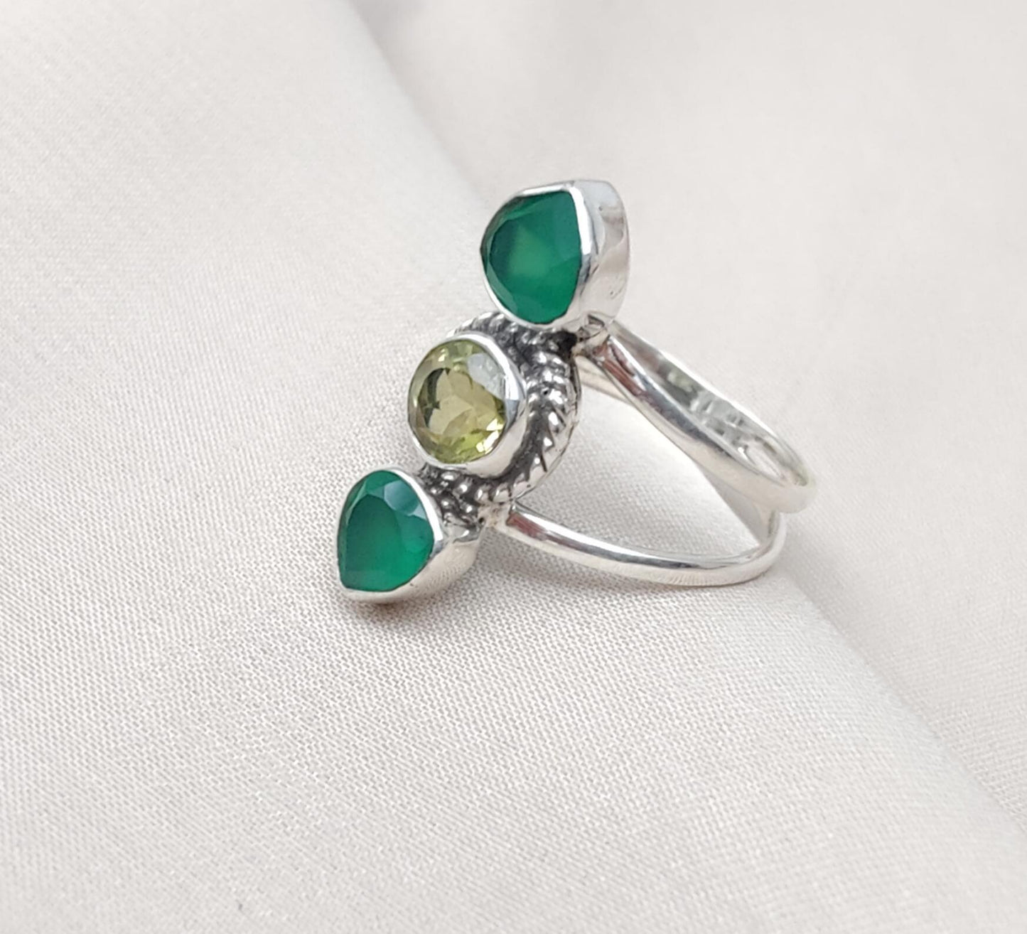 Green Onyx & Lemon Quartz 925 Sterling Silver Ring: Boho Statement Jewelry