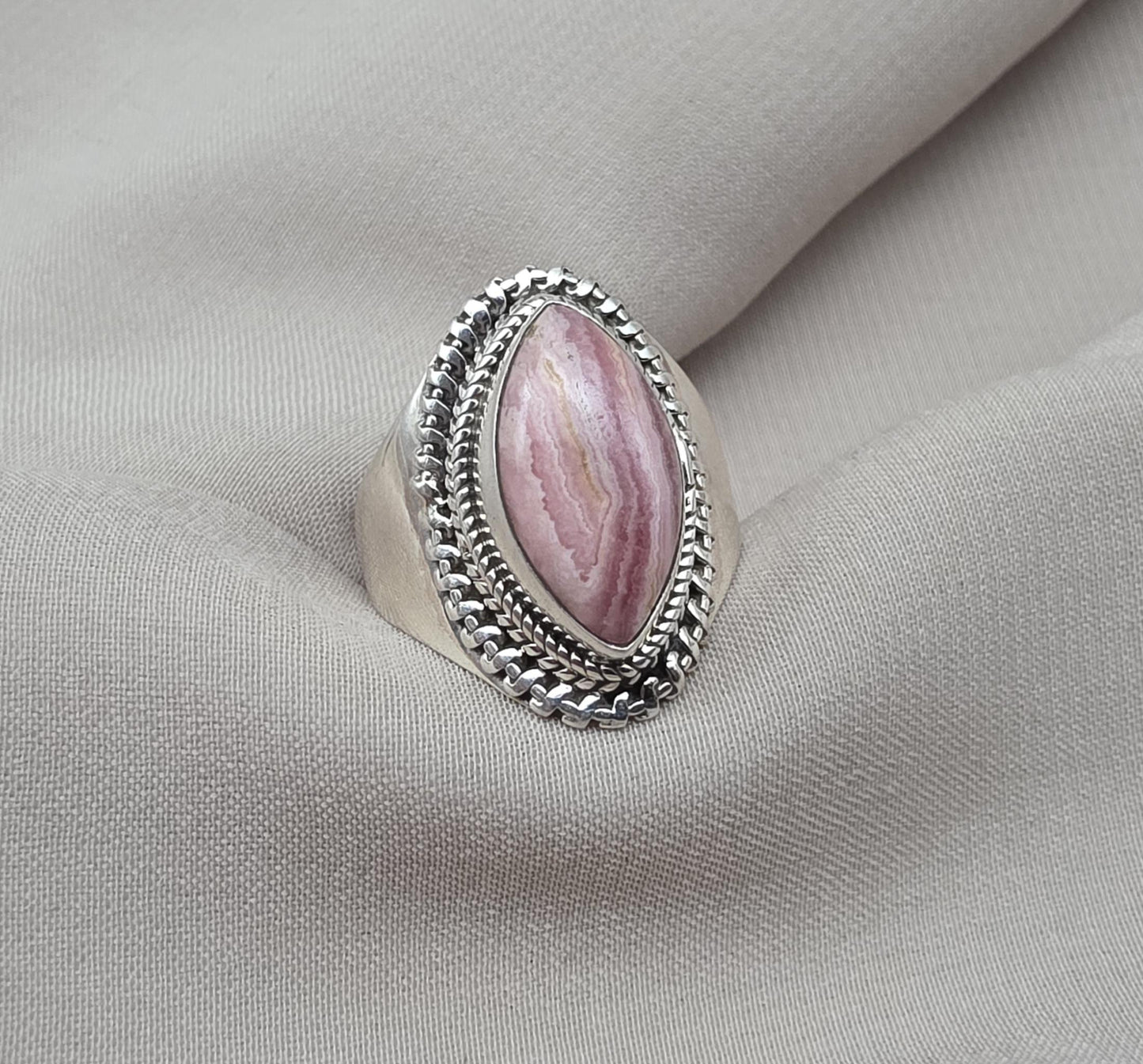 Rhodochrosite 925 Sterling Silver Ring Marquise Gemstone Boho Statement Ring Crystal Jewelry