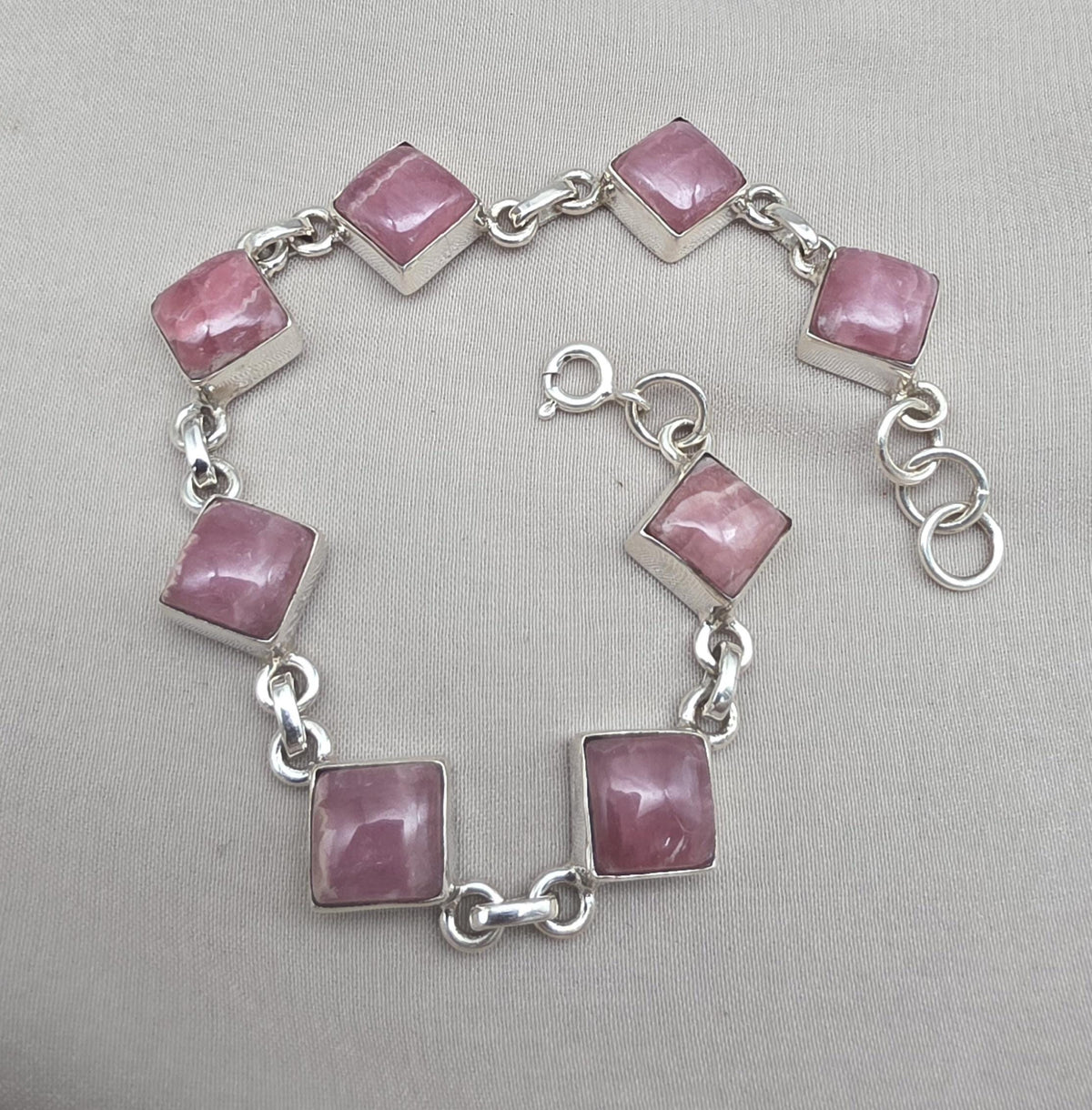 925 Sterling Silver Rhodochrosite Bracelet Pink Gemstone Square Link Bracelet Gift for Her