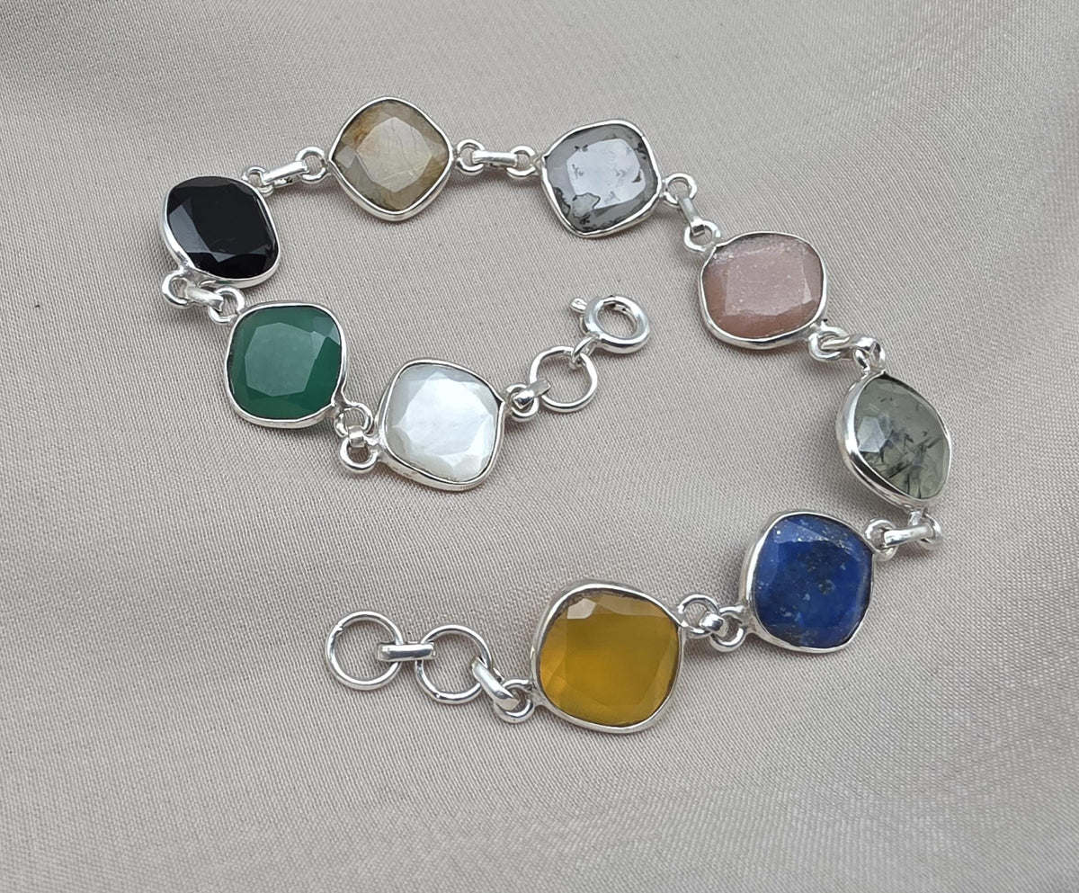 925 Sterling Silver Multi Stone Bracelet Natural Gemstone Cushion Link Jewelry