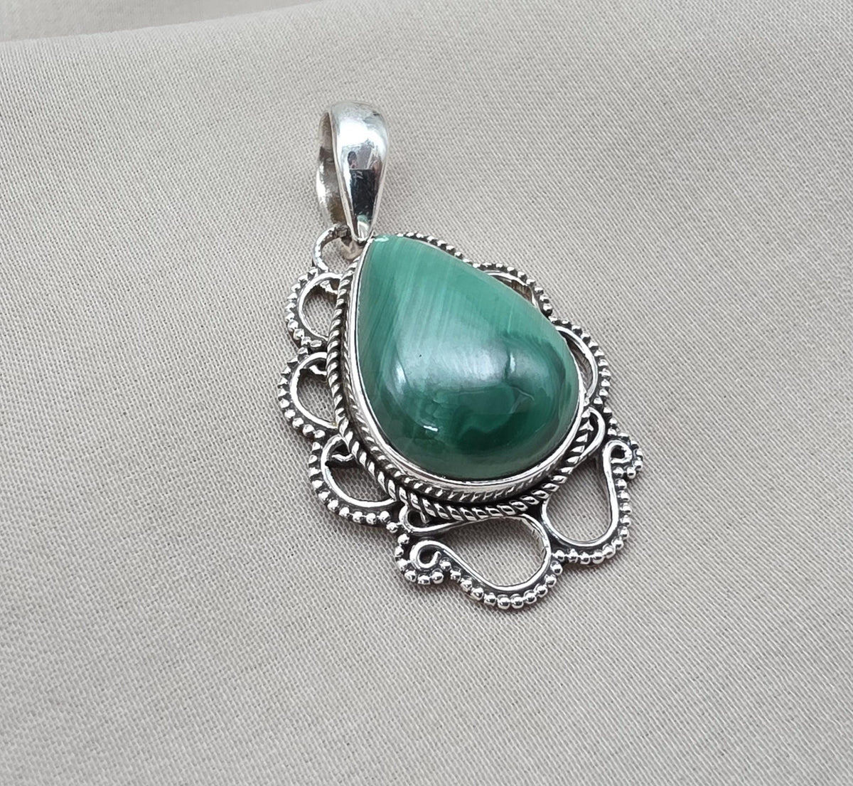 Teardrop Malachite Pendant: 925 Sterling Silver Healing Crystal Necklace