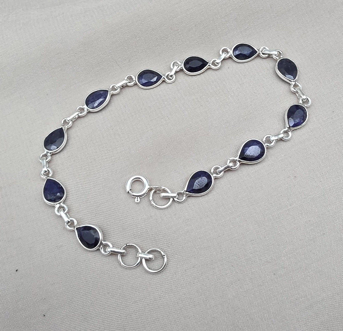 925 Sterling Silver Sapphire Bracelet Natural Blue Gemstone Pear Link Jewelry