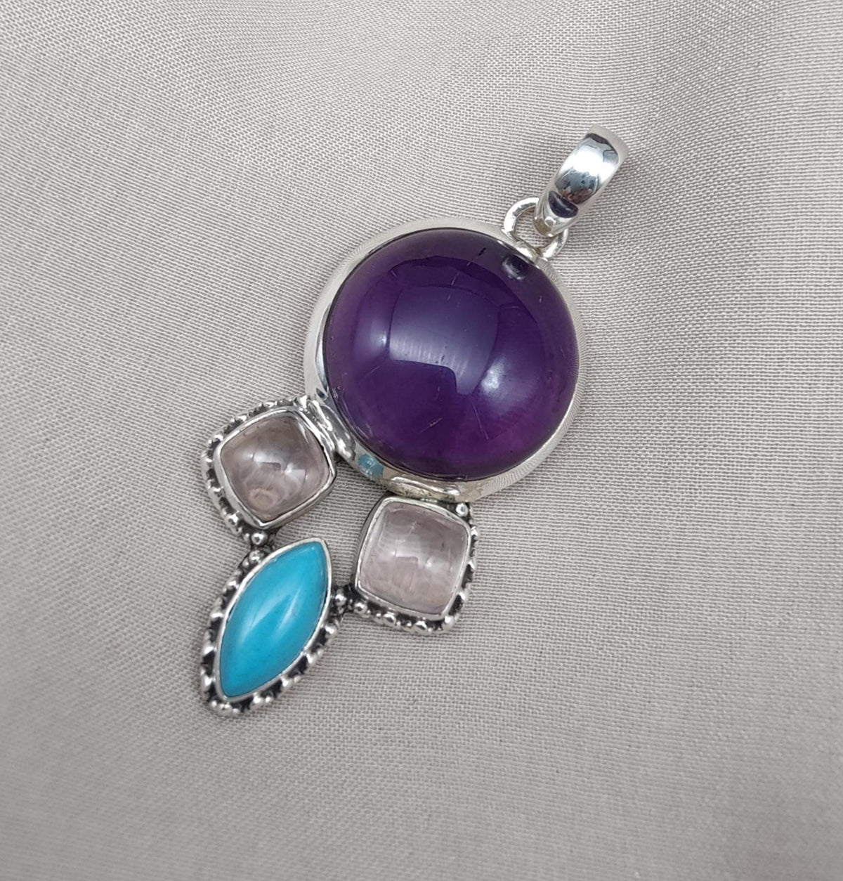 Amethyst Rose Quartz Turquoise Pendant: 925 Silver Healing Crystal Boho Necklace