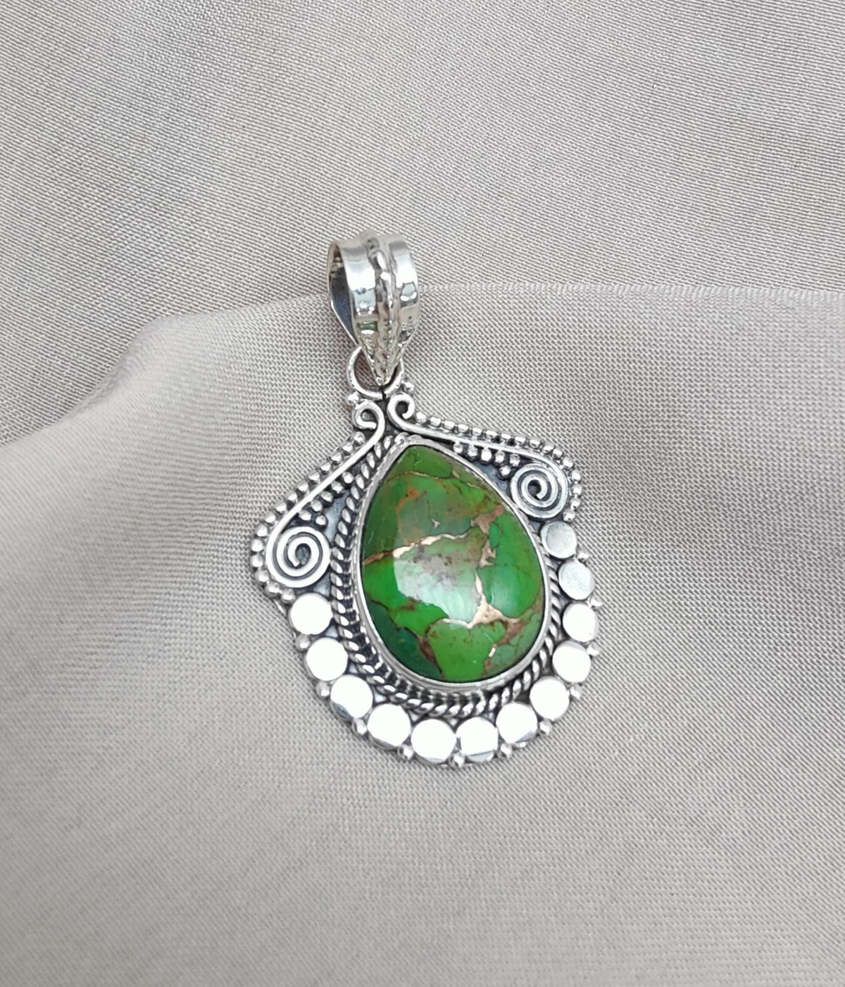 Green Copper Turquoise Pendant Necklace: 925 Sterling Silver Boho Jewelry
