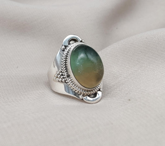 Fluorite Sterling Silver Ring: Green-Gold Crystal, Boho Healing Jewelry