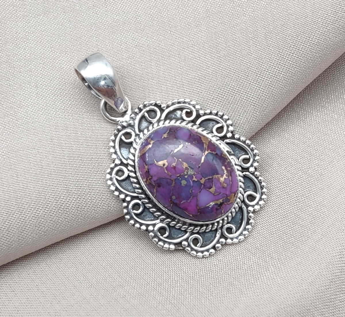 Purple Copper Turquoise Pendant: Sterling Silver Boho Statement Necklace
