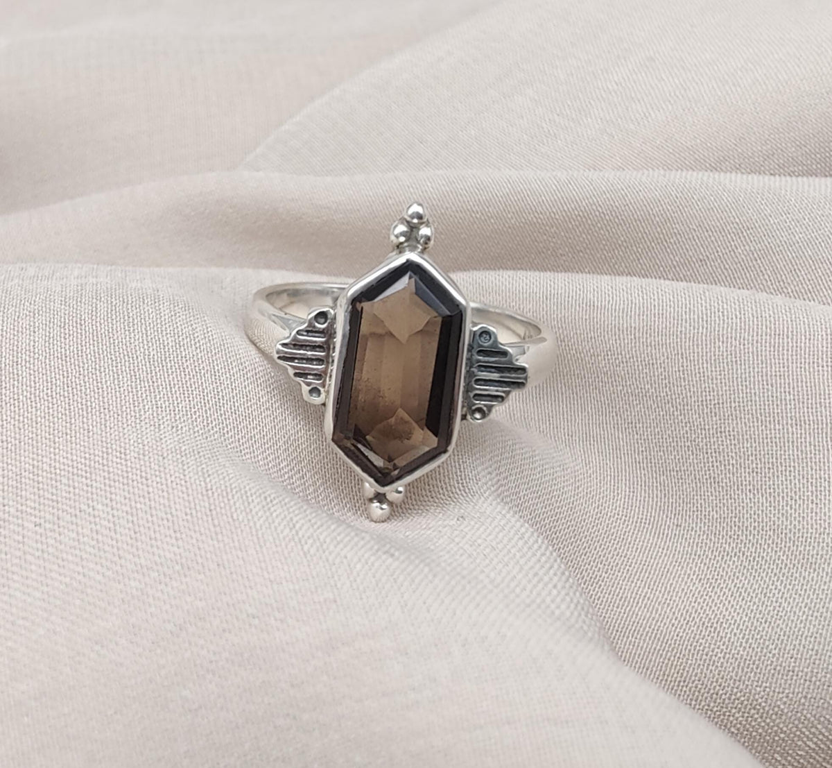 Smoky Quartz Sterling Silver Ring: Hexagon Gemstone, Boho Jewelry