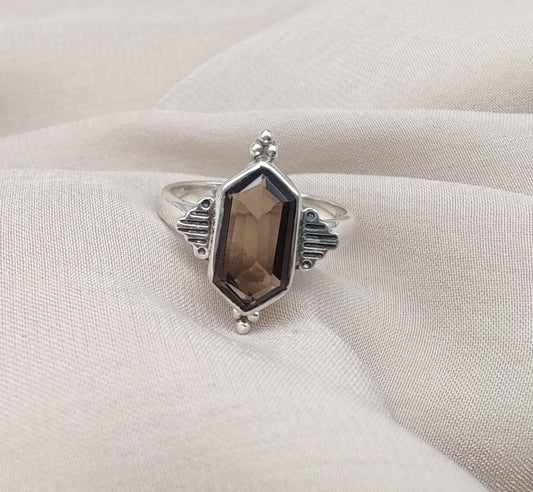Smoky Quartz Sterling Silver Ring: Hexagon Gemstone, Boho Jewelry