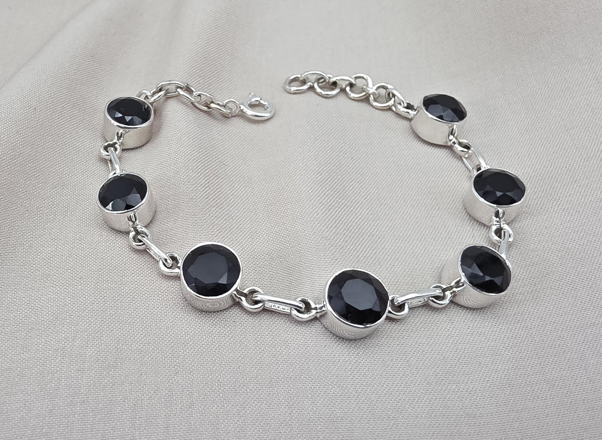 Black Onyx Bracelet 925 Sterling Silver Round Stone Link Bracelet Handmade Jewelry