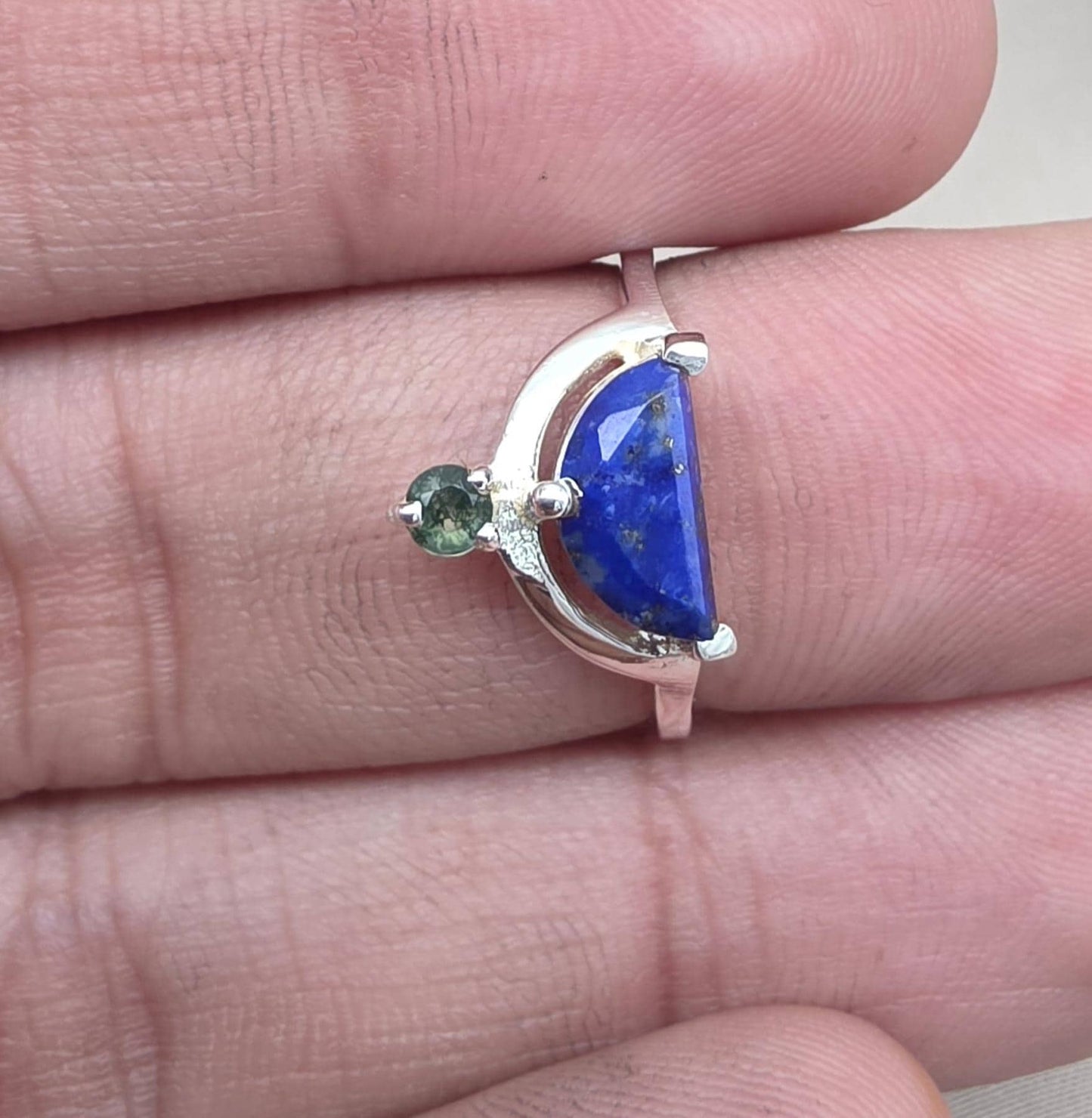 Lapis Lazuli Ring 925 Sterling Silver Dual Stone Moss Agate Statement Ring