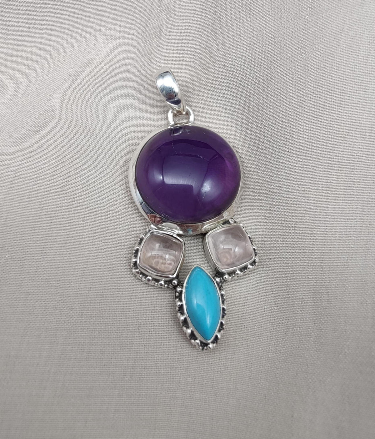 Amethyst Rose Quartz Turquoise Pendant: 925 Silver Healing Crystal Boho Necklace