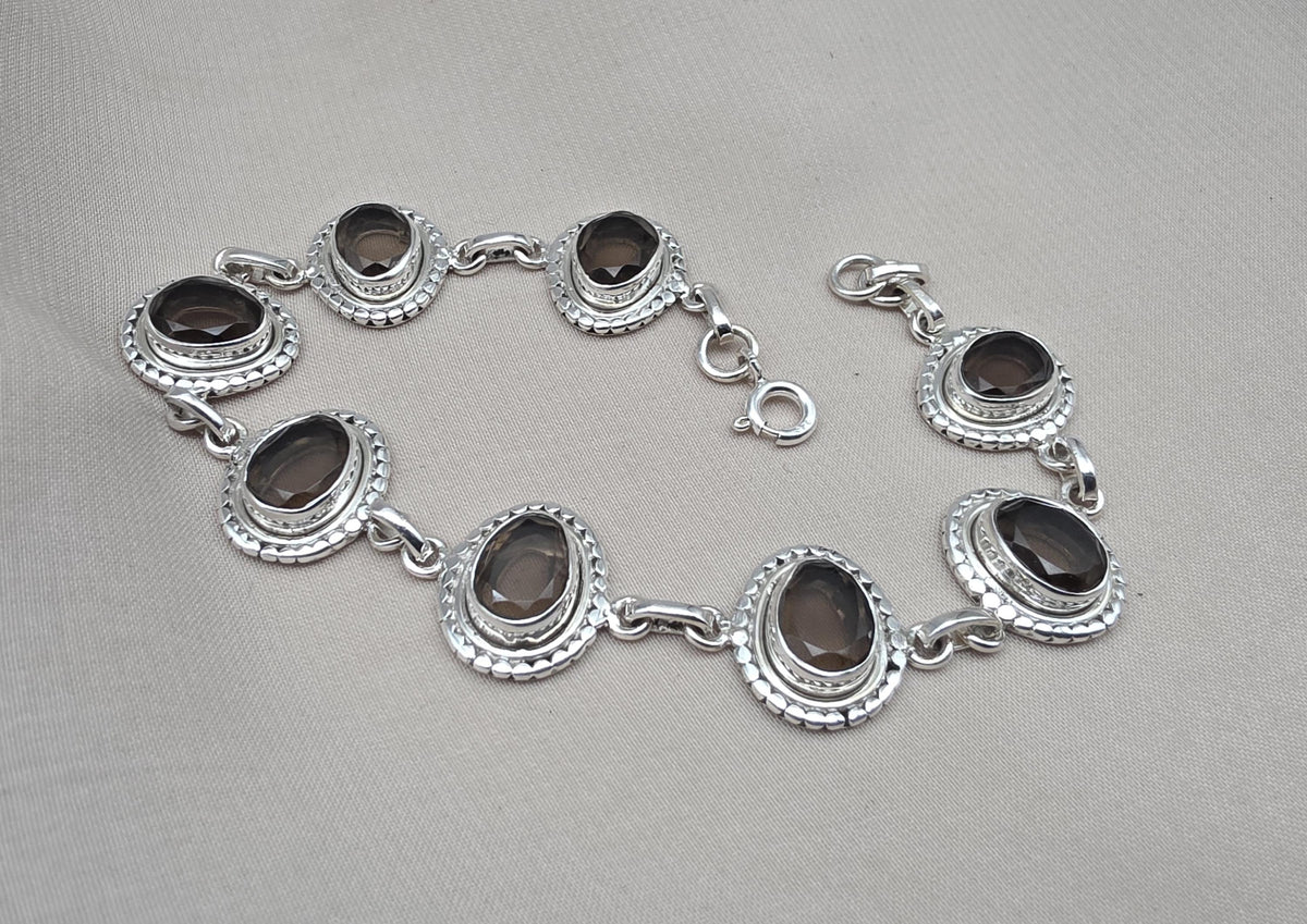 925 Sterling Silver Smoky Quartz Bracelet Natural Brown Oval Gemstone Handmade Jewelry