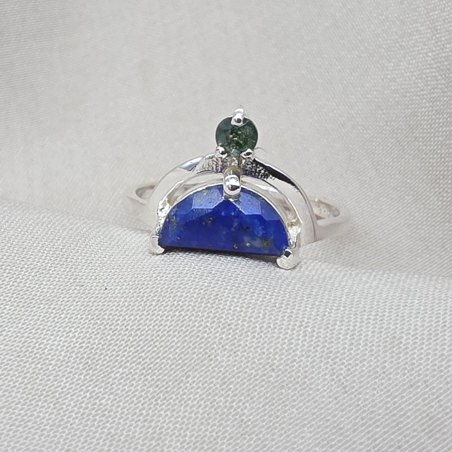 Lapis Lazuli Ring 925 Sterling Silver Dual Stone Moss Agate Statement Ring