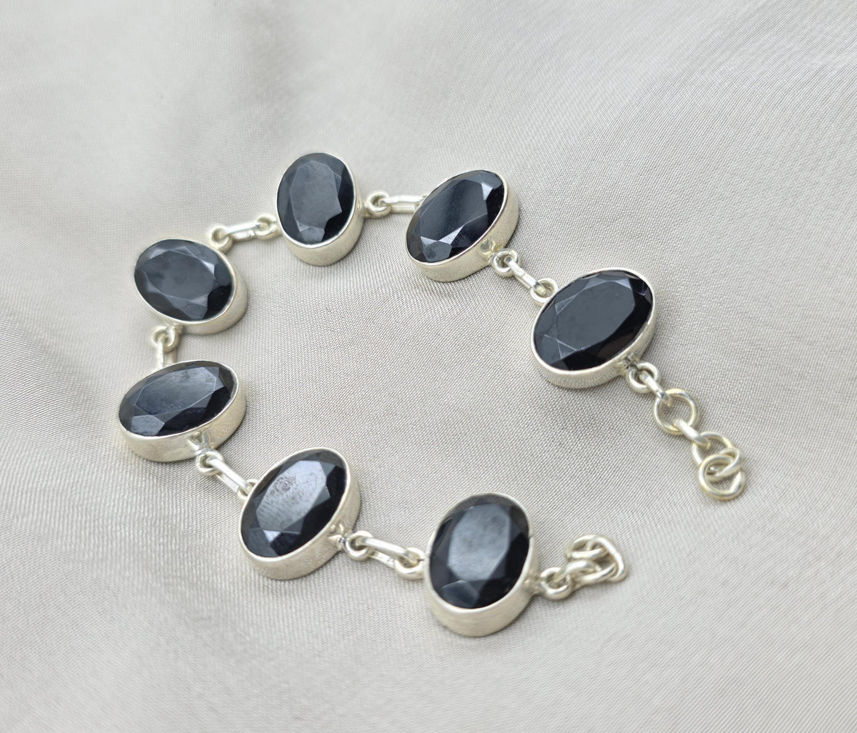 Black Onyx 925 Sterling Silver Faceted Oval Stone Link Bracelet Handmade Jewelry