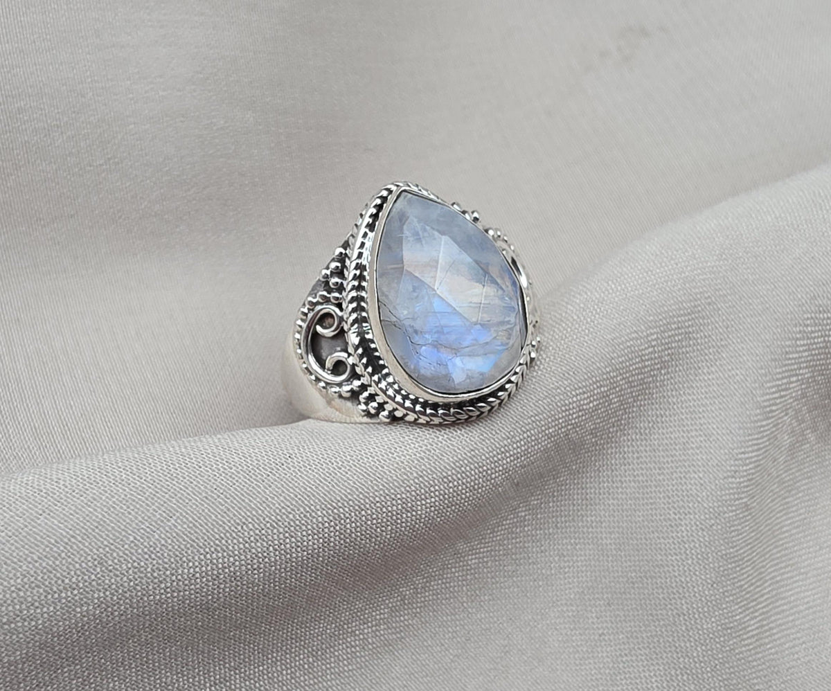 Rainbow Moonstone Ring 925 Sterling Silver Pear Shape Statement Ring June Birthstone Jewelry