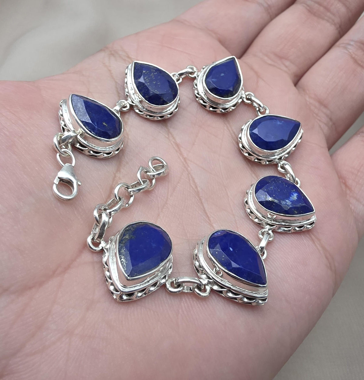 925 Sterling Silver Lapis Lazuli Bracelet Natural Blue Pear Shape Gemstone Handmade Jewelry