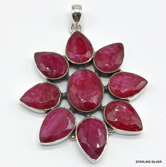 925 SOLID STERLING SILVER NATURAL RUBY FLOWER HANDMADE PENDANT