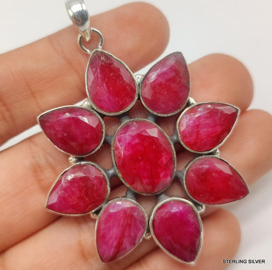 925 SOLID STERLING SILVER NATURAL RUBY FLOWER HANDMADE PENDANT