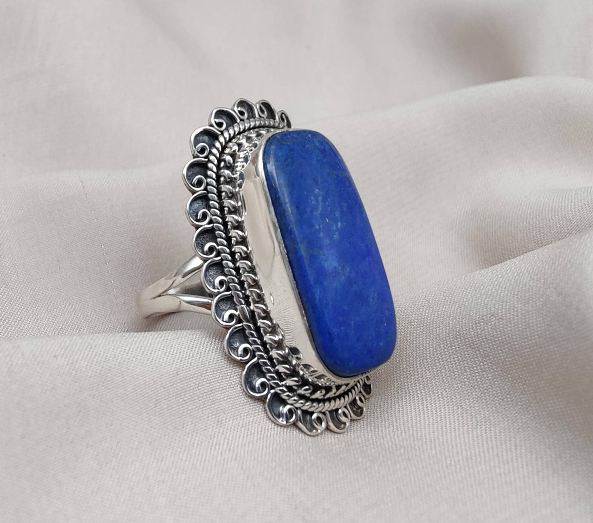 Natural Lapis Lazuli 925 Sterling Silver Ring: Boho September Birthstone Handmade