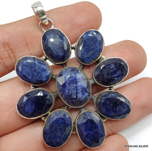 925 SOLID STERLING SILVER NATURAL SAPHIRE FLOWER HANDMADE PENDANT