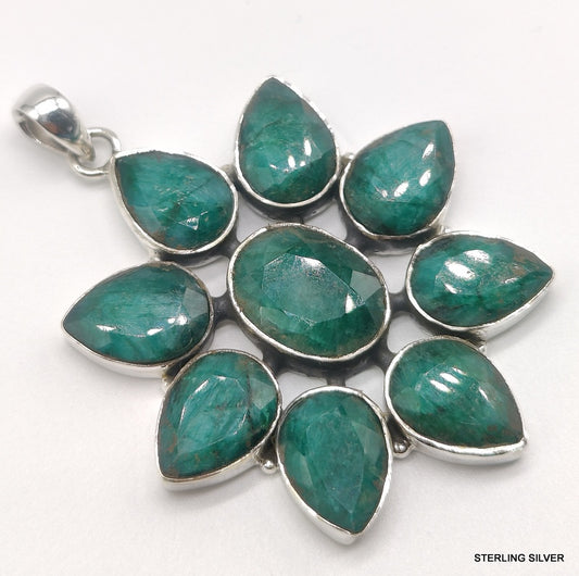 925 SOLID STERLING SILVER NATURAL EMERALD PEAR SHAPE FLOWER HANDMADE PENDANT