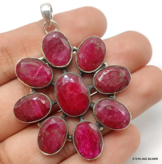 925 SOLID STERLING SILVER NATURAL RUBY OVAL SHAPE FLOWER HANDMADE PENDANT
