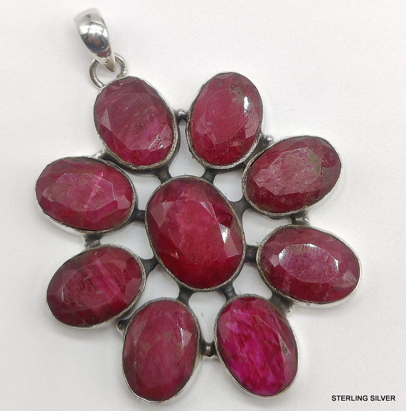 925 SOLID STERLING SILVER NATURAL RUBY OVAL SHAPE FLOWER HANDMADE PENDANT