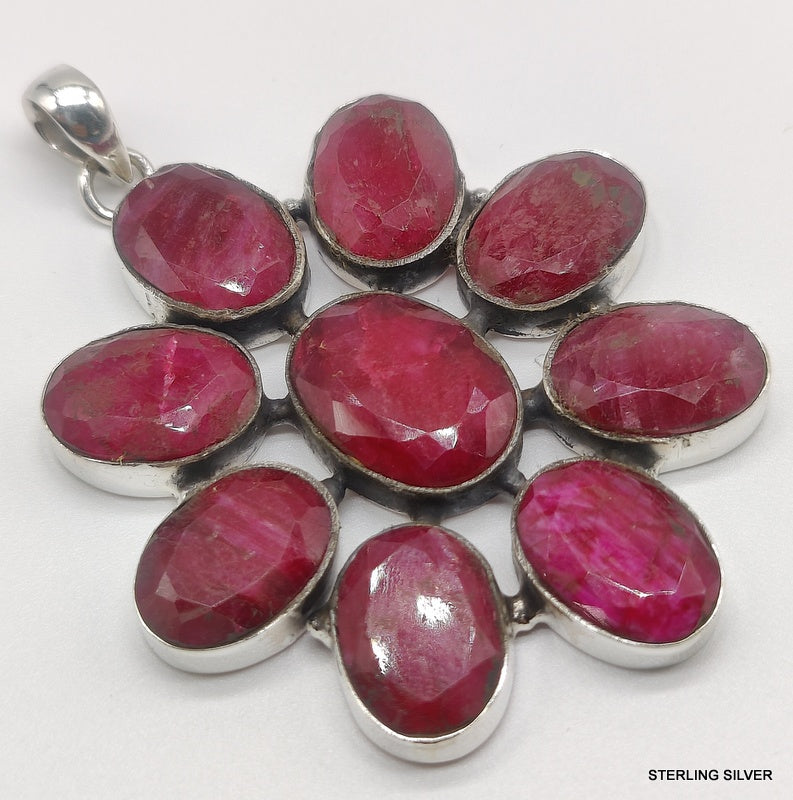 925 SOLID STERLING SILVER NATURAL RUBY OVAL SHAPE FLOWER HANDMADE PENDANT