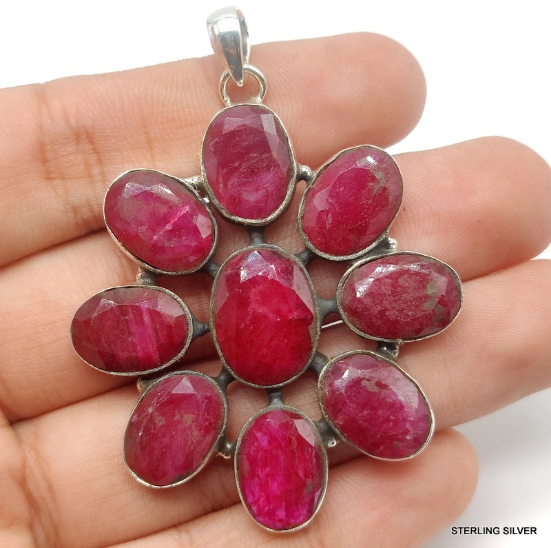 925 SOLID STERLING SILVER NATURAL RUBY OVAL SHAPE FLOWER HANDMADE PENDANT