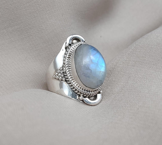 Rainbow Moonstone Ring: Sterling Silver Statement Jewelry, Artisan Boho Design