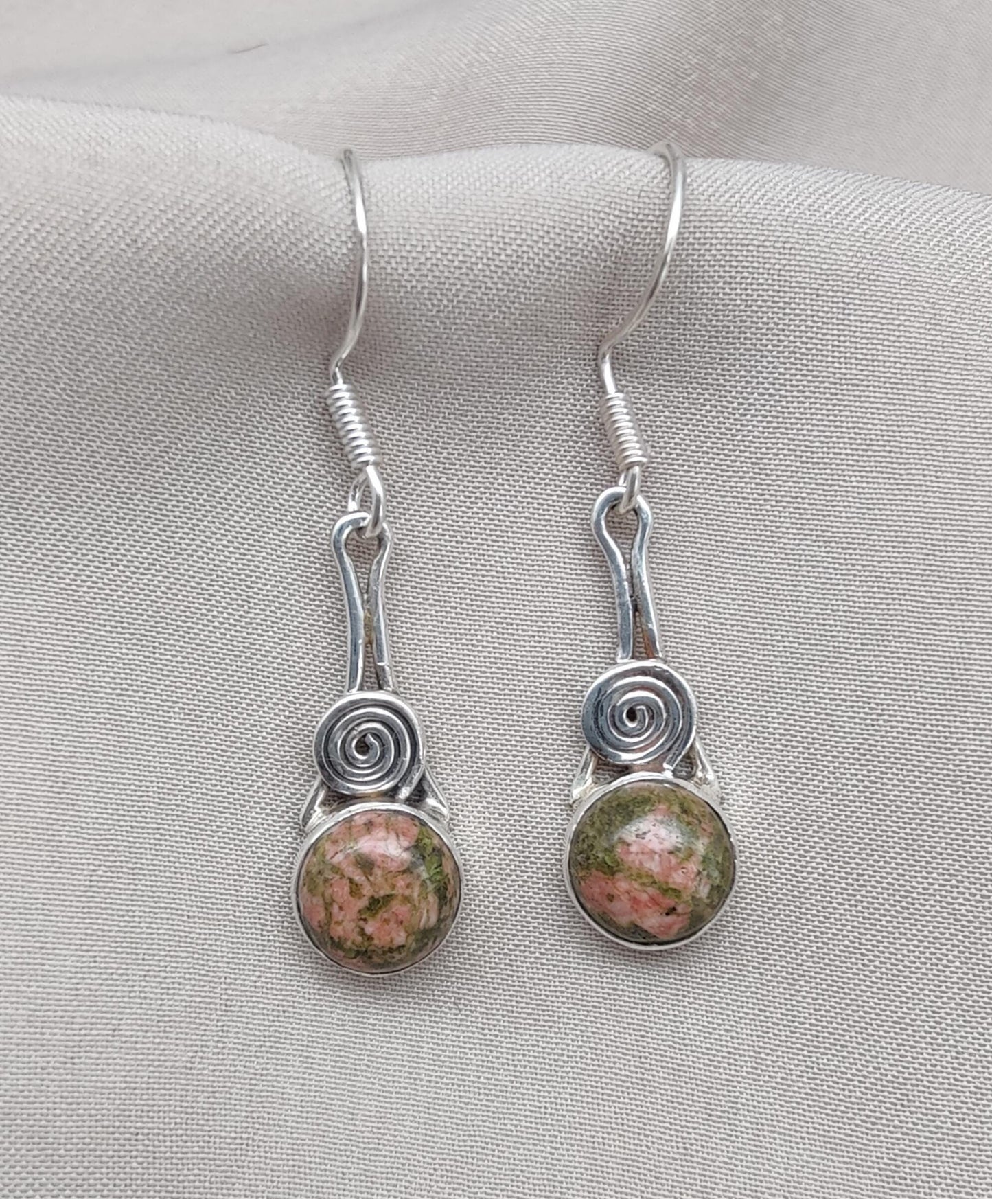 Unakite Dangle Earrings: 925 Sterling Silver, Boho Healing Stone
