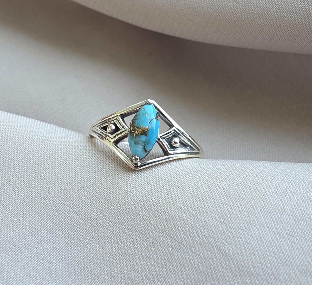 Blue Copper Turquoise Marquise Ring 925 Sterling Silver Statement Ring December Birthstone Gift