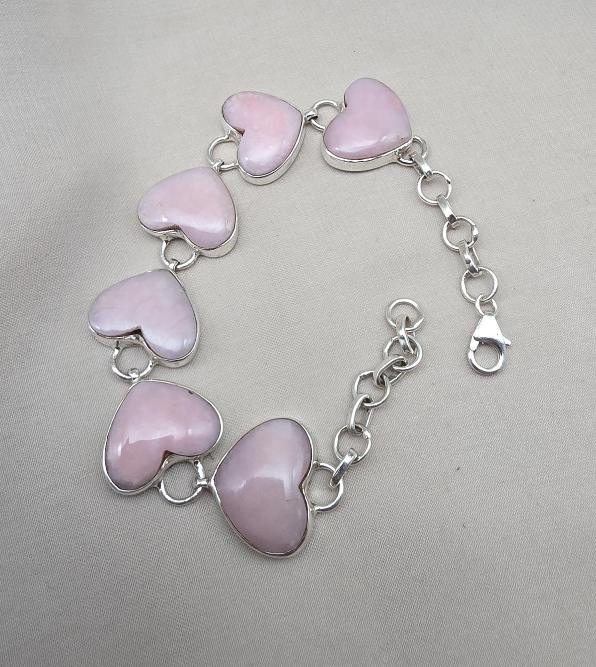 Pink Opal Heart Bracelet, 925 Sterling Silver, Handmade