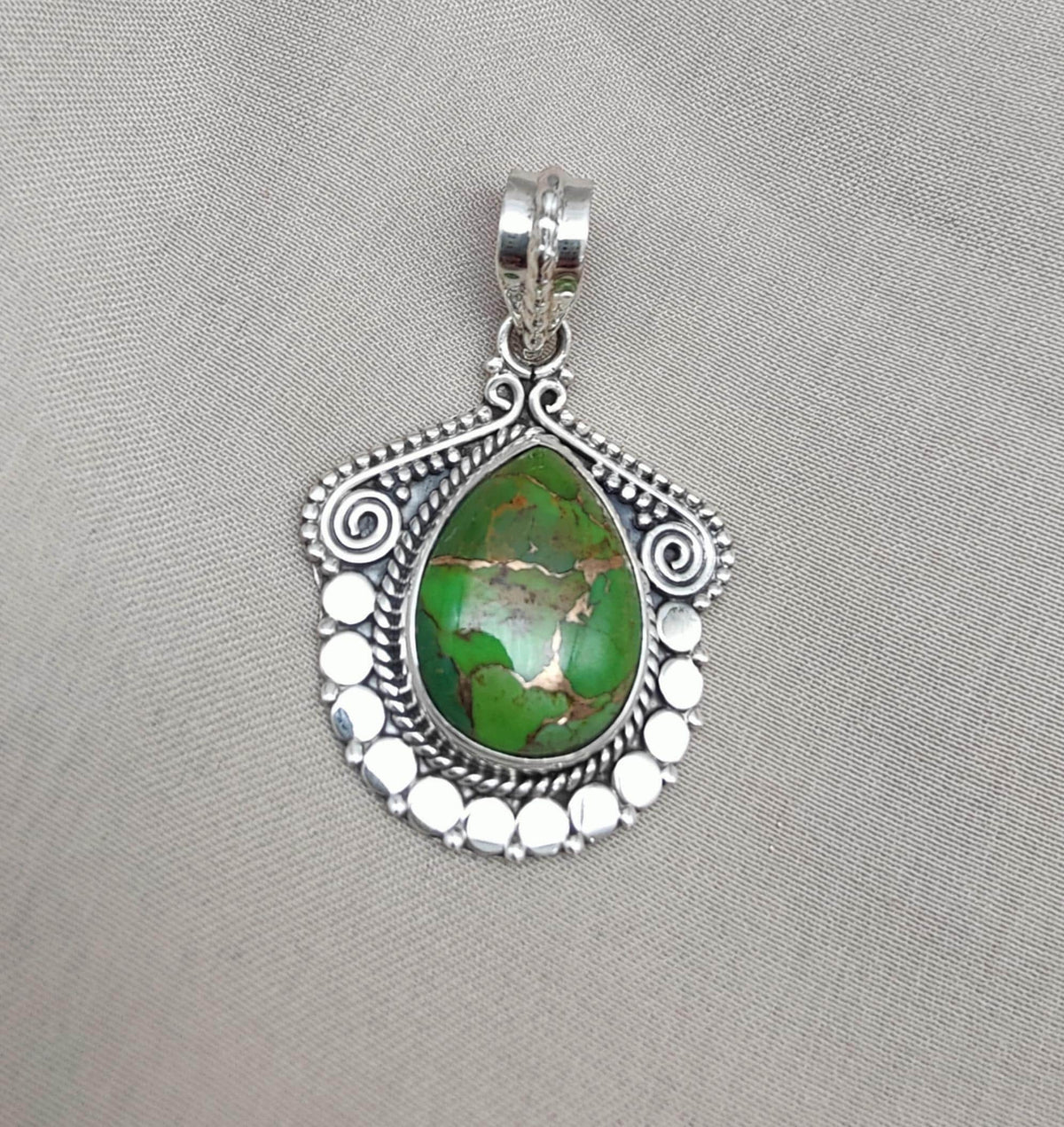 Green Copper Turquoise Pendant Necklace: 925 Sterling Silver Boho Jewelry