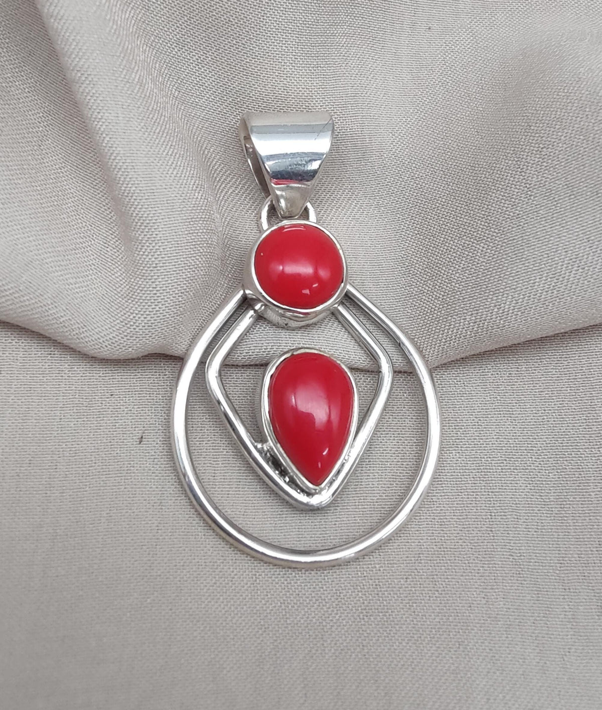 Red Coral Pendant: Two-Stone 925 Sterling Silver Boho Necklace