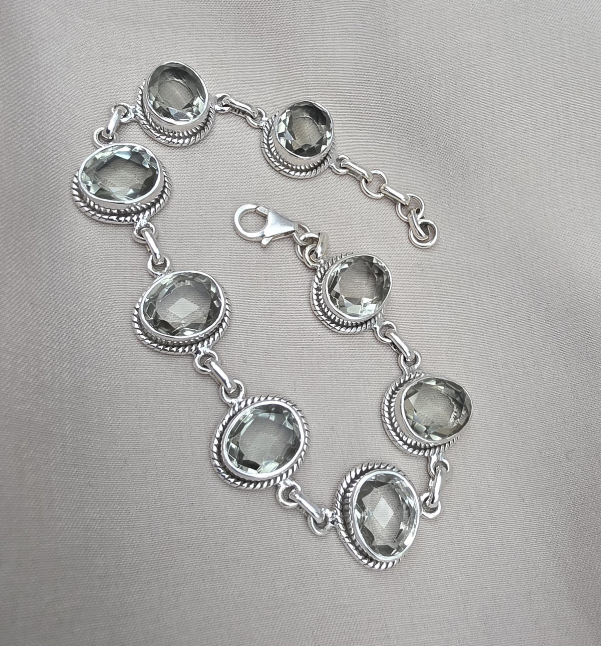 925 Sterling Silver Green Amethyst Bracelet Oval Prasiolite Gemstone Vintage Boho Bracelet for Women