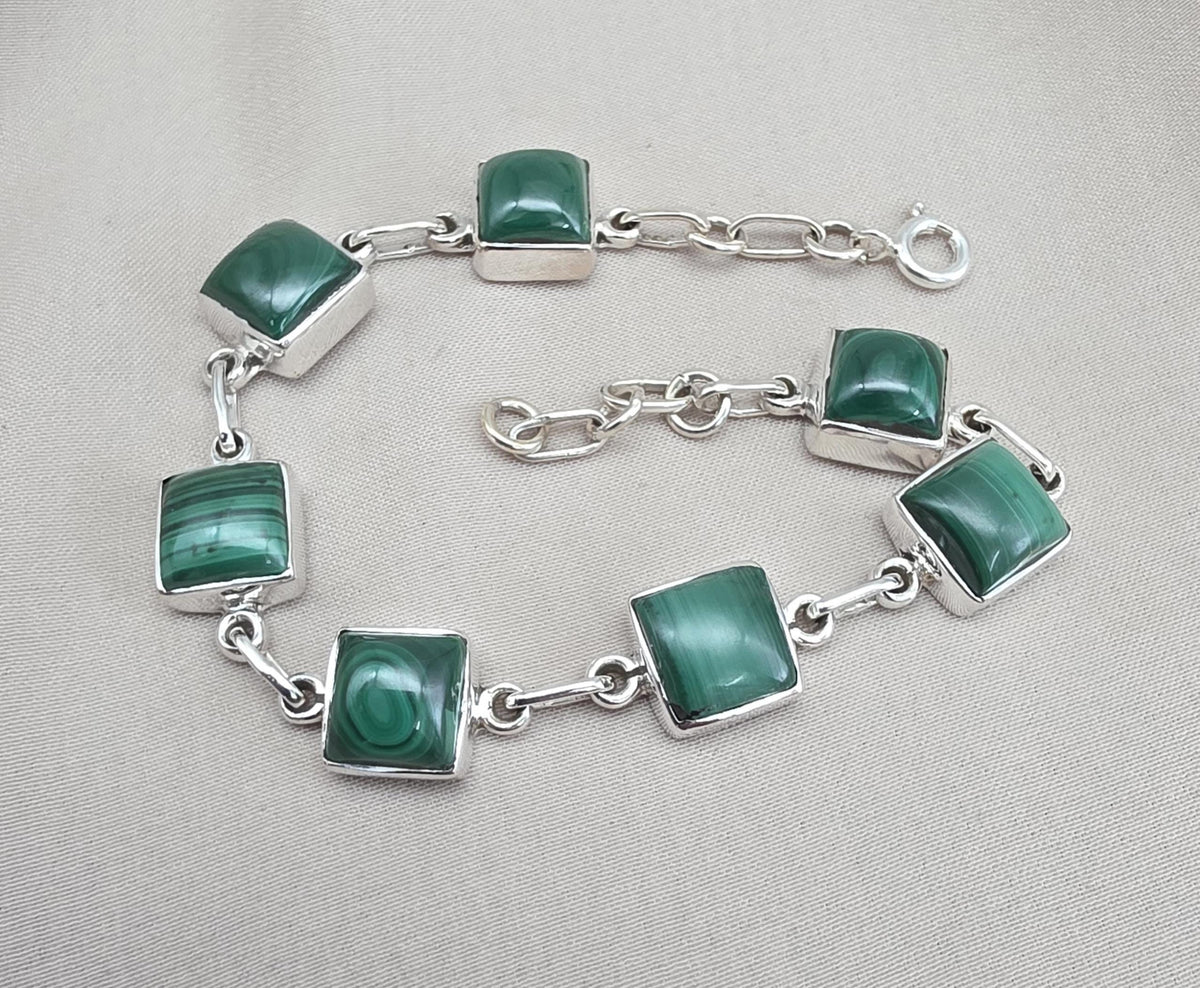 Malachite Bracelet 925 Sterling Silver Square Cabochon Link Bracelet Green Gemstone Handmade Jewelry Gift