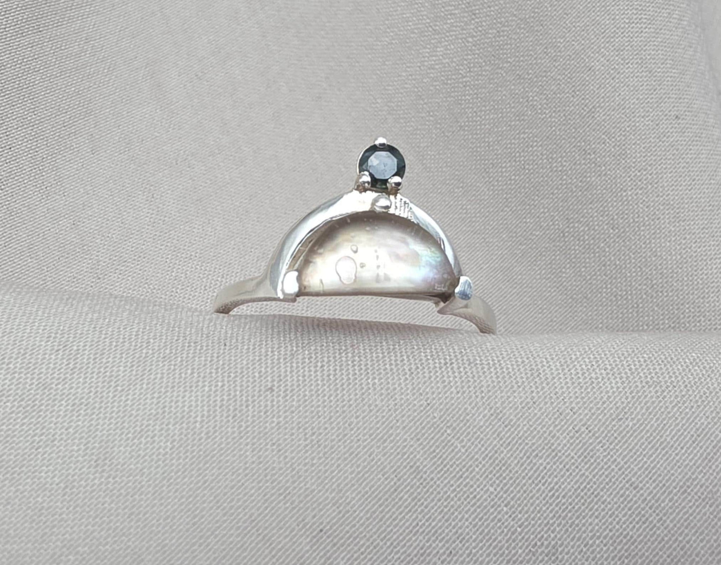 Mother of Pearl Doublet  Ring 925 Sterling Silver Dual Stone Moss Agate Statement Ring