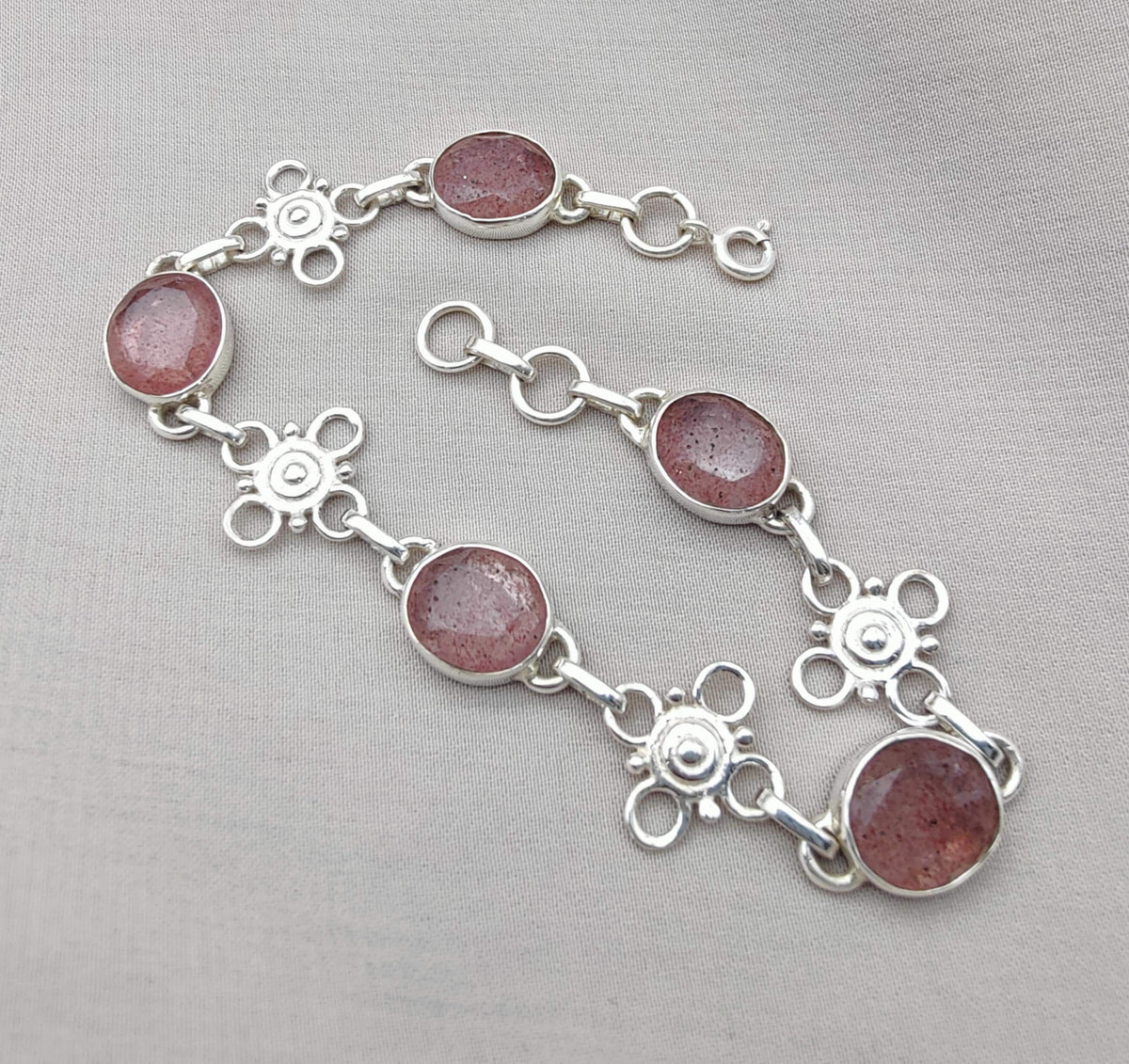 Pink Strawberry Quartz 925 Sterling Silver Bracelet | Handmade Adjustable Gemstone Jewelry Gift for Women