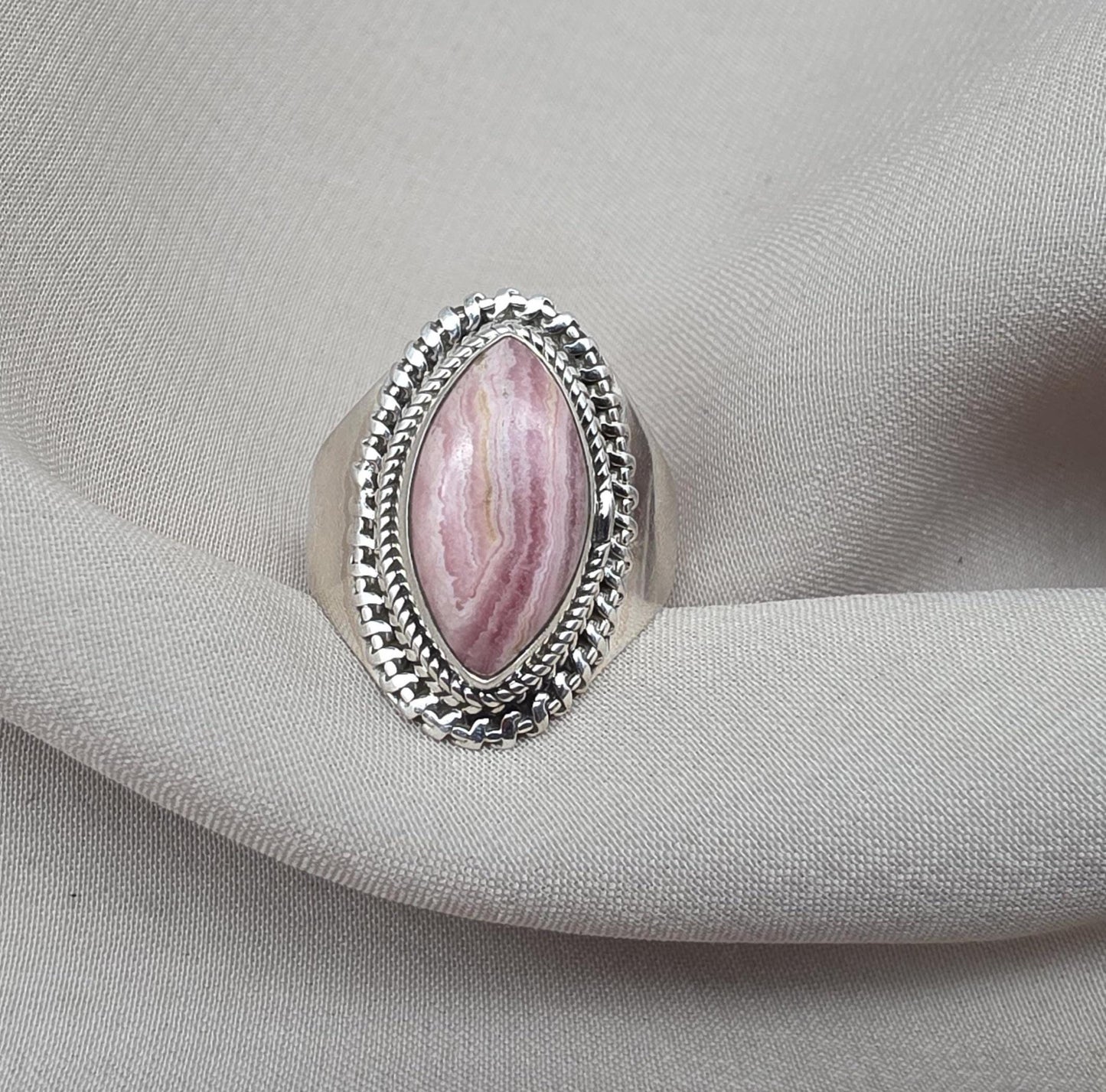 Rhodochrosite 925 Sterling Silver Ring Marquise Gemstone Boho Statement Ring Crystal Jewelry