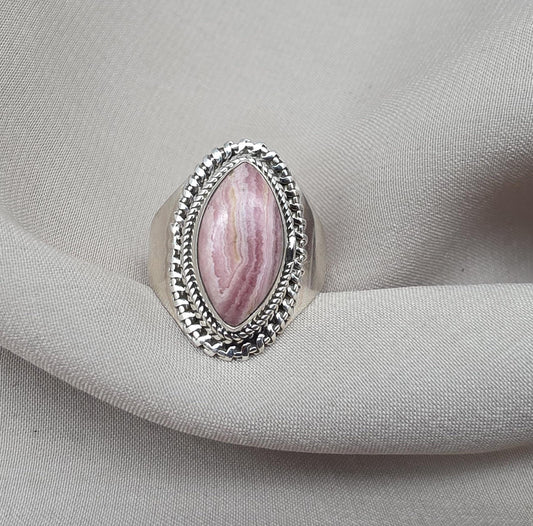 Rhodochrosite 925 Sterling Silver Ring Marquise Gemstone Boho Statement Ring Crystal Jewelry