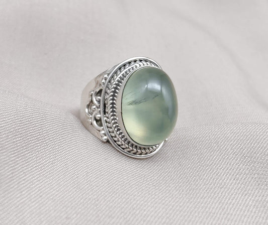 Prehnite 925 Sterling Silver Ring: Handmade Boho Healing Crystal