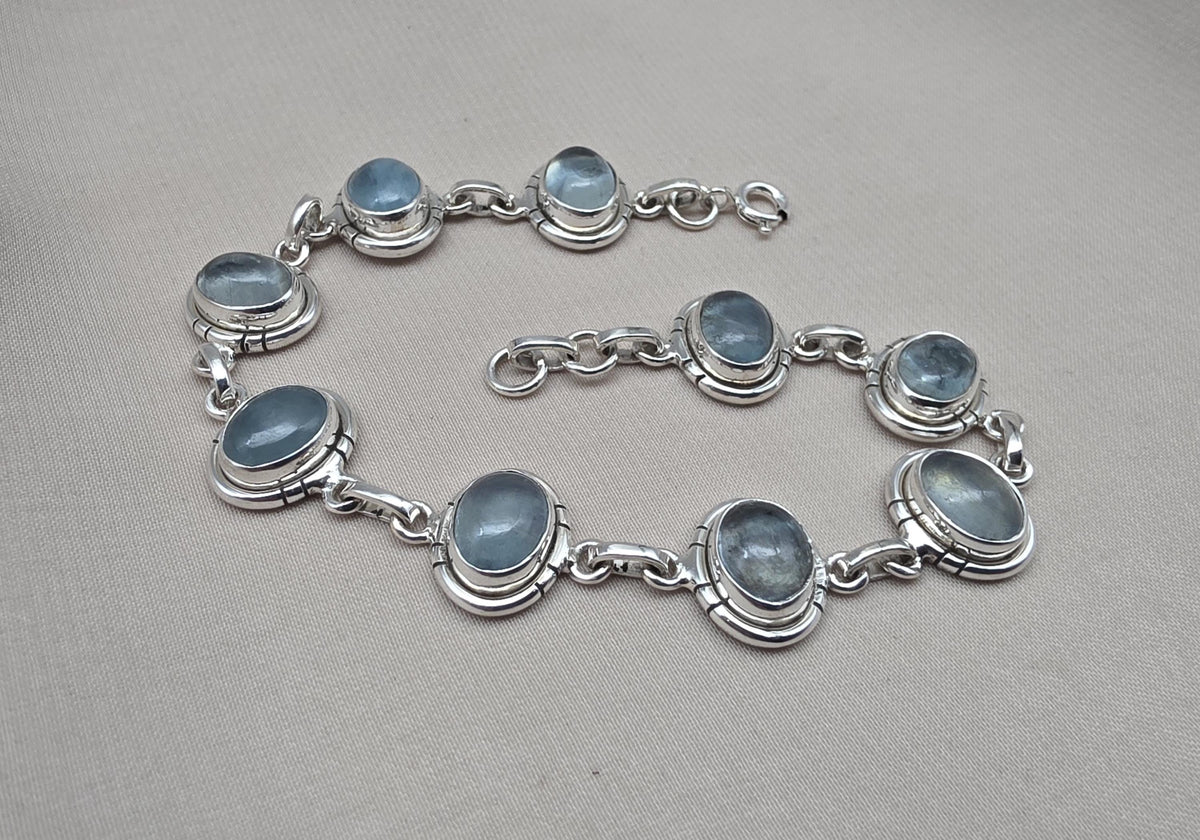 925 Sterling Silver Aqua Milky Gemstone Bracelet Natural Blue Cabochon Handmade Jewelry