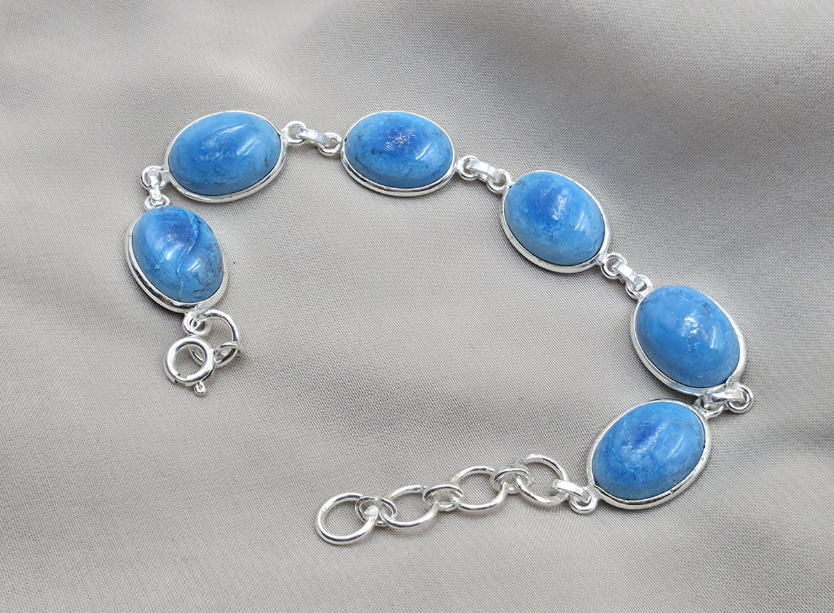 925 Sterling Silver Larimar Bracelet Natural Blue Gemstone Oval Link Jewelry