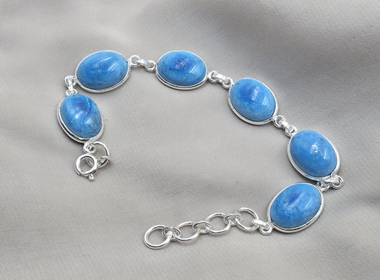 925 Sterling Silver Larimar Bracelet Natural Blue Gemstone Oval Link Jewelry