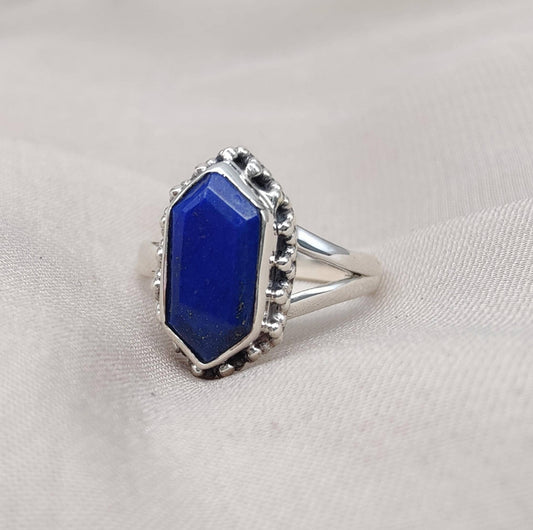 Natural Lapis Lazuli 925 Sterling Silver Ring: Handmade Hexagon Gemstone, Boho Jewelry